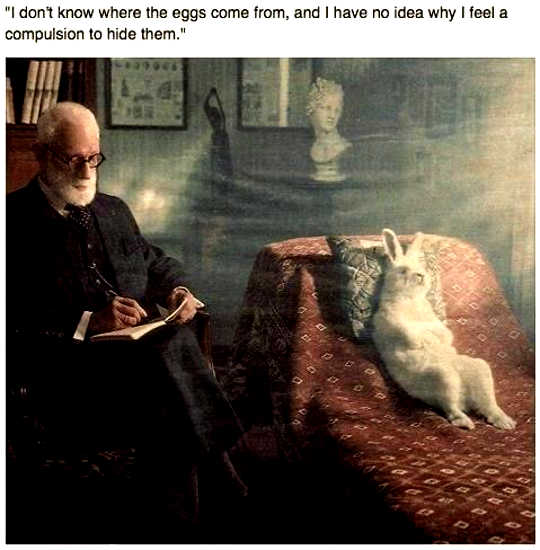 Easter Bunny psychotherapy session with Sigmund Freud